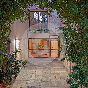 Elegant apartment building entrance with a cobblestone corridor trough a green foliage arch, night view.