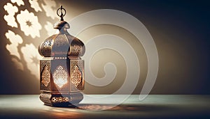 Elegant arabic lantern with intricate design casting shadows on neutral beige background