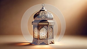 Elegant arabic lantern with intricate design casting shadows on neutral beige background