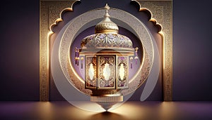 Elegant Arabic Lantern with Purple Accents and Ornate Arch Background with copy space.