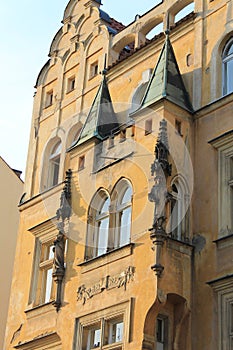 Architectural elements of the facade of the building in the historic center of Prague Czech Republic