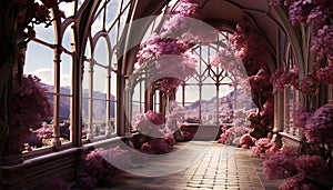 The elegant architecture showcases a modern, purple flower bouquet indoors generated by AI