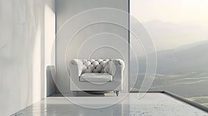 Elegant armchair in a minimalist interior overlooking mountains. Simple luxury living space with natural light. Modern