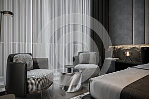 Elegant Armchair Organized in a Black theme Bedroom, 3D rendering
