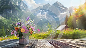 Elegant arrangement of fresh flowers on rustic table near charming mountain house with scenic views photo