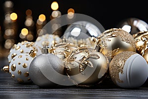 Elegant arrangement of silver and gold ornaments, christmas wallpaper, AI Generated