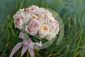 Elegant arrangement white roses tied with a ribbon, perfect for weddings