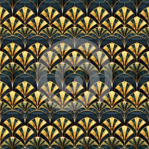 Elegant Art Deco Seamless Pattern with Geometric Shapes in Gold, Navy, and Deep Green photo