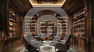 Elegant Art Deco style library with luxurious wooden bookcases and cozy leather chairs photo