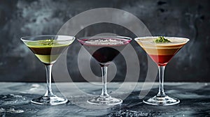 Elegant Assortment of Colorful Martini Cocktails on Dark Background