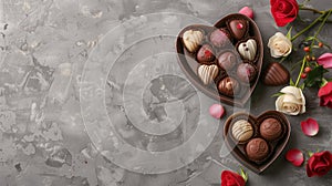 Elegant Assortment of Gourmet Chocolates in Heart-Shaped Boxes with Roses for Valentine's Day.