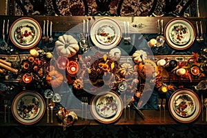 Elegant Autumn Dinner Table Setting with Pumpkins and Leaves