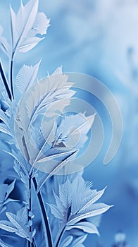 Elegant background of frozen leaves in ice. Delicate texture. Frosty beautiful natural winter or spring background