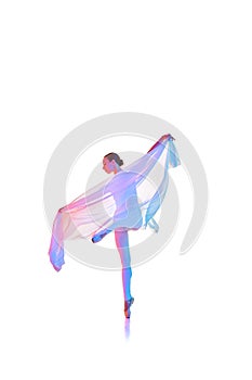 Elegant ballerina, young woman making performance, dancing with transparent fabric isolated on white studio background