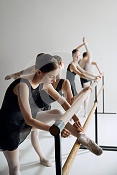 Elegant ballerinas, tender teen girls attending dance class, practicing against grey studio background. Artistic hobby