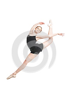 Elegant ballet dancer in mid air split