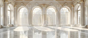 Elegant Ballroom with Arched Windows and Marble Columns. Concept Luxurious Setting, Classic