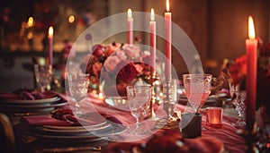 Elegant banquet table illuminated by candlelight and wine generated by AI