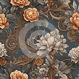 Elegant Baroque Floral and Scroll Pattern on Teal Background