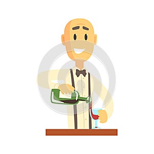 Elegant bartender man character standing at the bar counter pouring wine