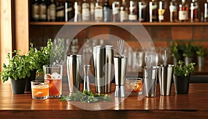 Elegant bartending tools with crafted cocktails in modern bar setting