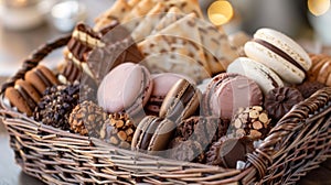 An elegant basket showcasing a mix of indulgent sweets such as truffles macarons and gourmet cookies