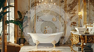 Elegant bathroom design featuring crystal chandelier, clawfoot tub, gold fixtures, and marble countertops exuding luxury
