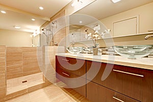 Elegant bathroom with glass vessel sinks