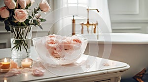 Elegant bathroom interior with bathtub, bath accessories and roses with canles on marble table