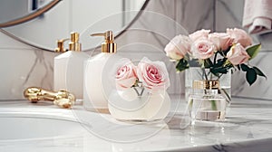 Elegant bathroom interior with beauty products, bath accessories and roses on marble table