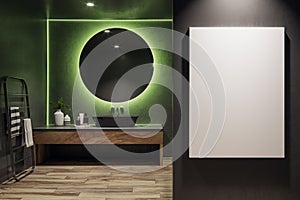 Elegant bathroom interior with LED lighting and round mirror and poster mockup.