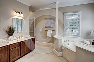 Elegant bathroom with large tub in need of a bit of remodeling