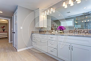 Elegant bathroom with long white vanity cabinet