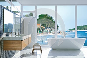 Elegant bathroom with panoramic window. 3d render.