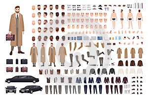 Elegant bearded man in coat animation set or DIY kit. Collection of body parts, postures, hairstyles, stylish clothes