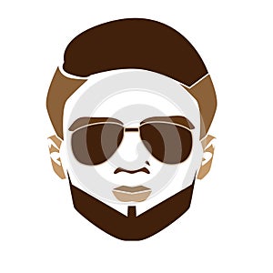 Elegant bearded man face in sunglasses. Vector hipster character. Fashion silhouette, avatar, emblem, logo with moustached man for