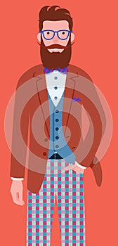 Elegant bearded smiling man with jacket, vest, bow tie and tartan cropped pants