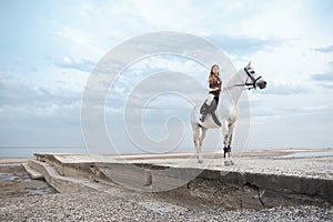 Elegant and beautiful confident young woman wearing stylish jockey outfit is holding reins and riding a white horse
