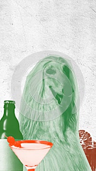 Elegant, beautiful, purebred dog with beer bottle and cocktail against textured background. Contemporary art collage.