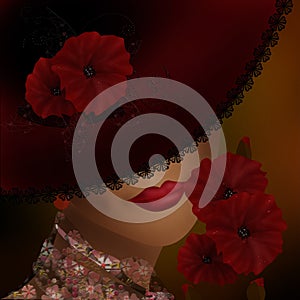 Elegant beautiful woman in a lace hat with red flowers