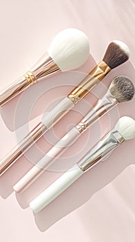 Elegant beauty brushes, white and gold, on gentle pink background