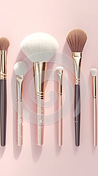 Elegant beauty brushes, white and gold, on gentle pink background