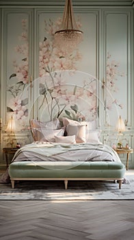 An elegant bedroom featuring a 3D floral wall pattern in soft pastels,