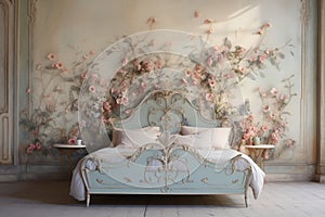 An elegant bedroom featuring a wall with a 3D floral pattern in soft pastels,