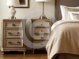 Elegant bedroom interior with matching wooden bedside tables and classic table lamps