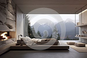 Elegant bedroom interior with a minimalistic style, highlighting a cozy bed and large, airy windows