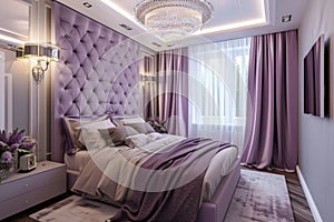 Elegant bedroom in pastel purple tones with chandelier