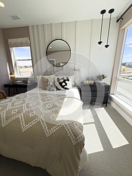 Elegant Bedroom with Warm Neutral Tones and Textured Bedding