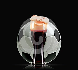 Elegant beer glass and soccer ball. Photo-realistic vector illustration of dark beer and football on black background.