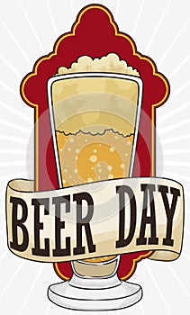 Elegant Beer in Pilsner Glass and Ribbon for Beer Day, Vector Illustration